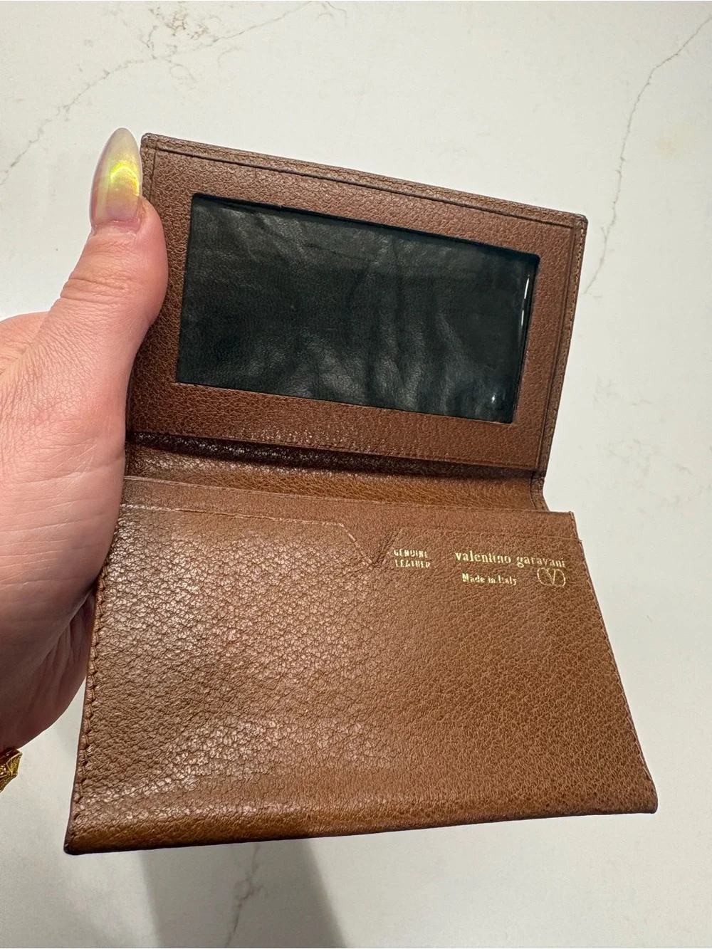 Valentino Garavani Brown Pebbled Leather Card Holder with Embossed V Logo